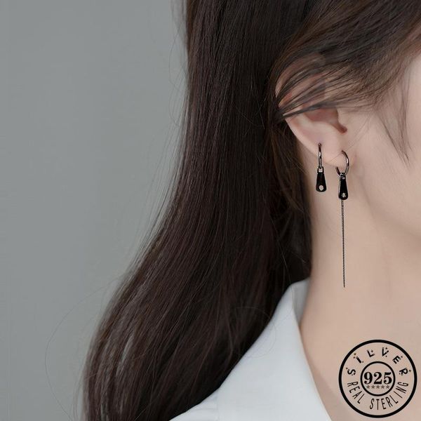 

hoop & huggie 925 sterling silver long chain piercing earrings black color asymmetrical geometric shape ear rings jewelry for women, Golden;silver