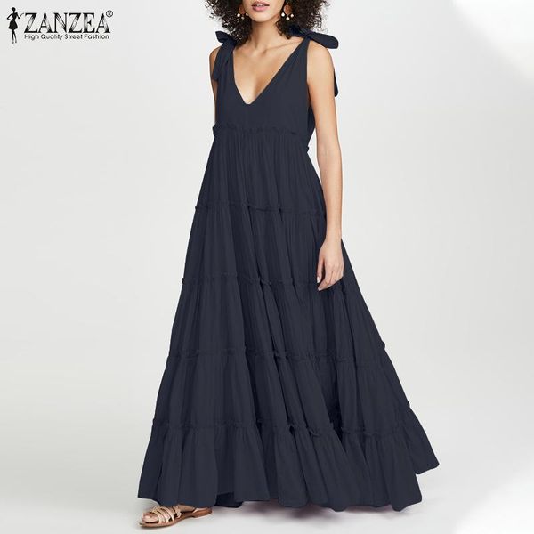 

women summer v neck sleeveless sundress ruffles maxi long dress sarafans zanzea fashion lace up solid party vestidos femme casual dresses, Black;gray