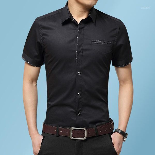 

men casual short sleeved printed shirt slim fit male social business dress fashion brand clothing soft comfortable men's shirts, White;black