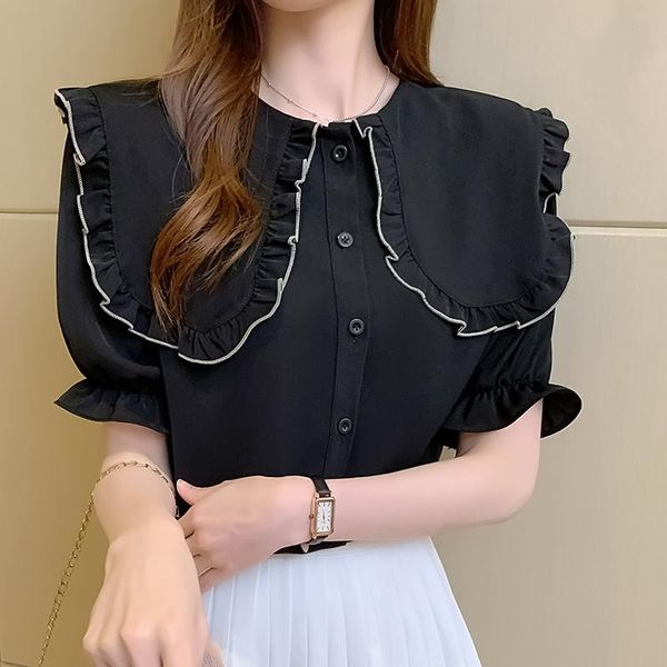 

women's blouses & shirts women doll collar solid chiffon kawaii and summer 2021 korean fashion soft blue cute casual ladies chic, White