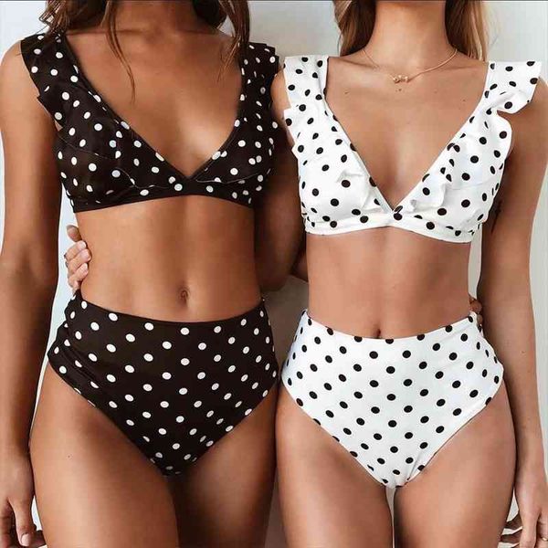 

high waist bikini women swimwear push up swimsuit ruffle bikini set polka dot biquinis summer beach wear biquini, White;black