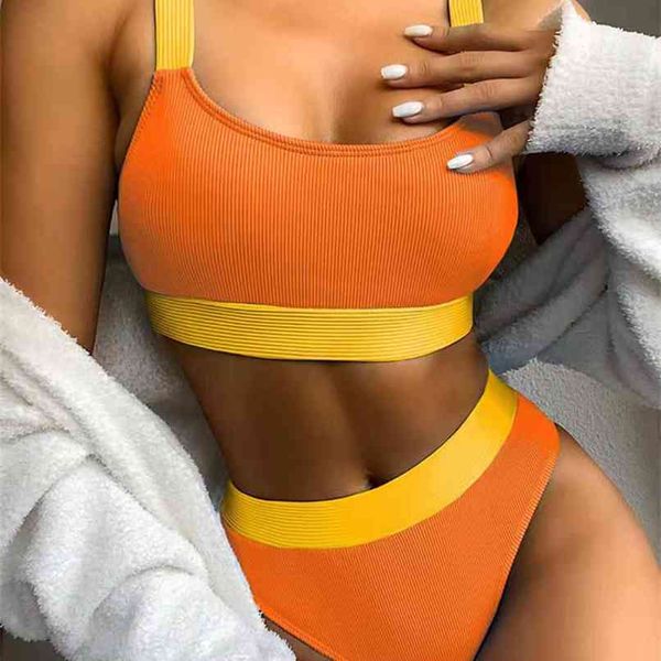 

patchwork bikini women splicing 2 pieces set high waist bathing suit swimming beachwear brazilian ribbed swimsuit 210607, White;black