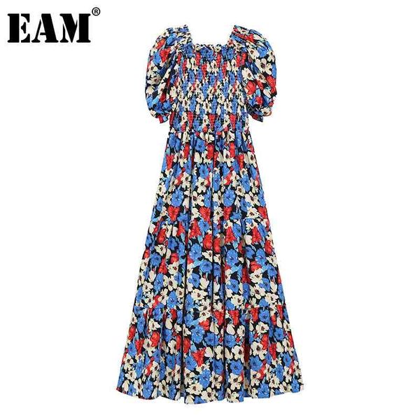 

[eam] women blue printed pleated dress square neck lantern short sleeve loose fit fashion spring summer 1dd8551 21512, Black;gray