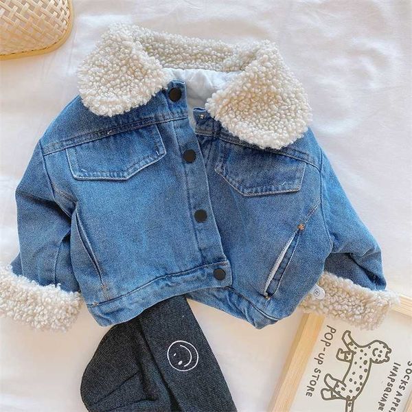 

spring winter kids denim jacket baby boys girls warm coat fashion children outerwear toddler clothes 211203, Blue;gray