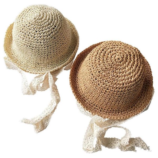 2021 Baby Kids Cappelli di paglia Berretto con visiera alla moda con allacciatura Cappello da spiaggia Cappelli da sole a tesa avara carini Cappellini da sole traspiranti pieghevoli Cappellini sportivi