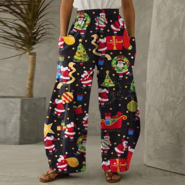 

women's pants & capris fashion retro christmas printed loose trousers female elastic high waist pocket sweatpants women casual wide leg, Black;white