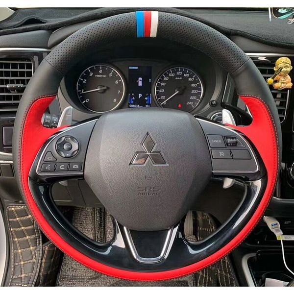 

diy custom leather steering wheel cover for mitsubishi outlander 10-20 asx pajero sport eclipse lancer non-slip comfort