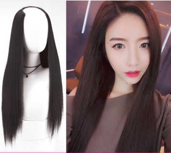 

u-shaped hair extensions wig women's long straight hair invisible tracels half head set chemical fiber wig, Black