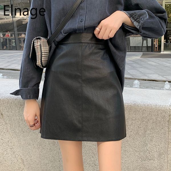 

2021elnage korean style pu leather retro slim fit high waist pack hip a word skirt for women short spring autumn 5a053, Black