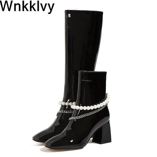 

boots shiny leather chunky high heel women spaure toe pearled chain decortion knee long booties autumn winter shoes, Black