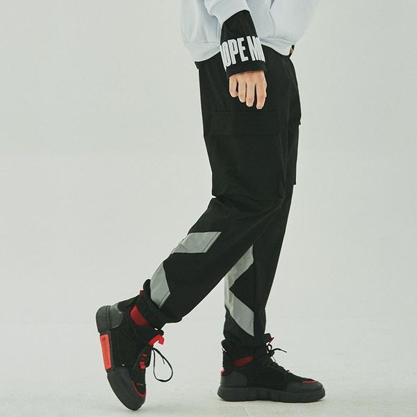 

men's pants second one is half price autumn men hip hop foot-bound pants, loose leisure pants,solid colored multi-pocket cargo, Black