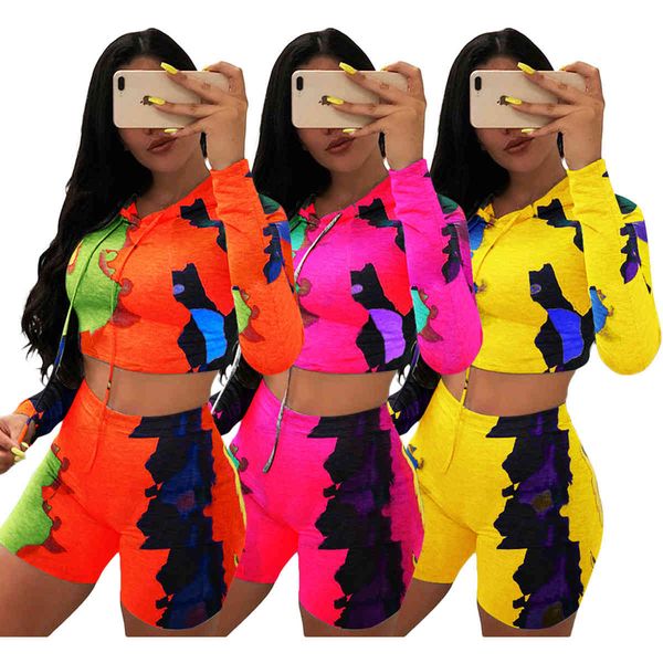 

women's tracksuits women 2 piece set printed hooded tracksuit long sleeve shorts two pieces cool jogging suit woman summer fashion wl0, Gray