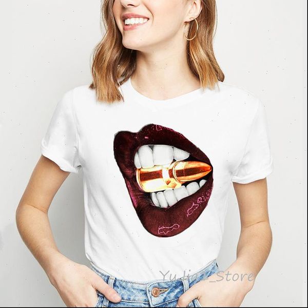 

lipstick lips print women vogue funny harajuku tee femme streetwear, White