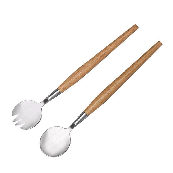 

pcs salad spoon fork with long wooden handle set stainless steel dessert fruit kitchen tableware tools dinnerware sets