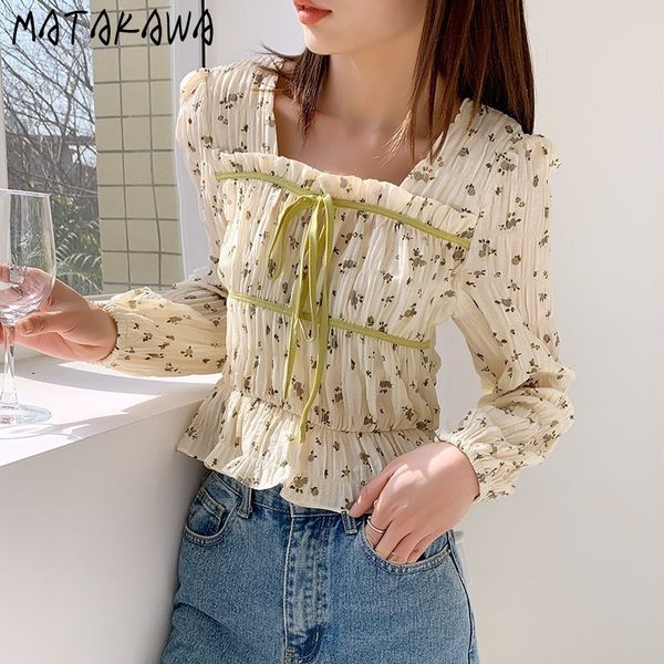 

matakawa chic square collar women's blouses long-sleeved print flower shirt female pleated slim temperament spring women 210513, White