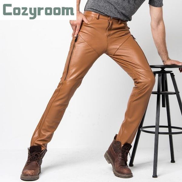 

men genuine leather pants men's winter slim korean sheepskin casual fashion motorcycle male locomotive trousers, Black