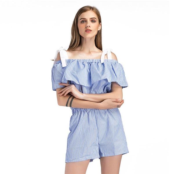 

women's jumpsuits & rompers trending slash neck sling striped playsuits drop shoulder ruffles girls short bodysuits bow strap, Black;white