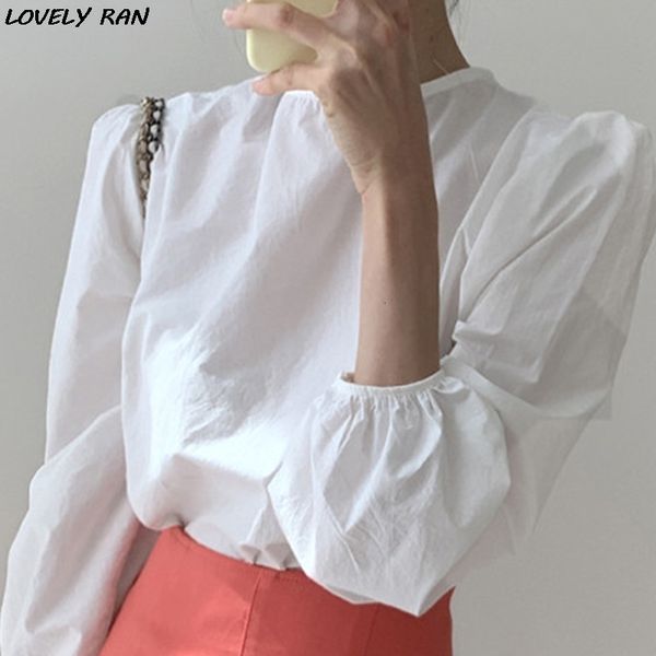 

women's knits & tees long puff lantern sleeve blouse o-neck blackless belt female spring solid korean girl sweet ladies iwr8, White
