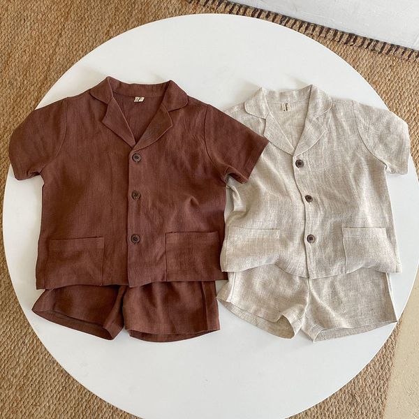 

style kids clothes set boys and girls cotton linen short sleeve t shirts and shorts 2pcs suit, White