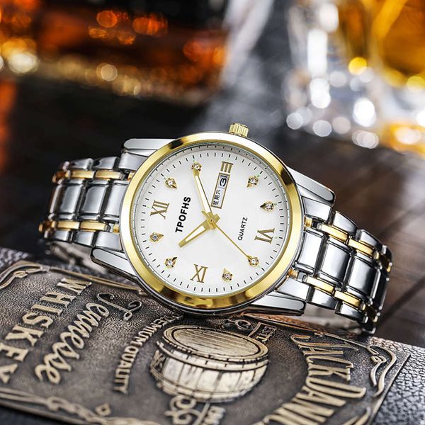 

watch tpofhs diamond inlaid scale business quartz double calendar luminous steel band men's room gold version, Slivery;brown