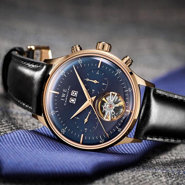 

wristwatches carnival watch men watches automatic mechanical wrist sapphire glass tourbillon clock relogio masculino, Slivery;brown