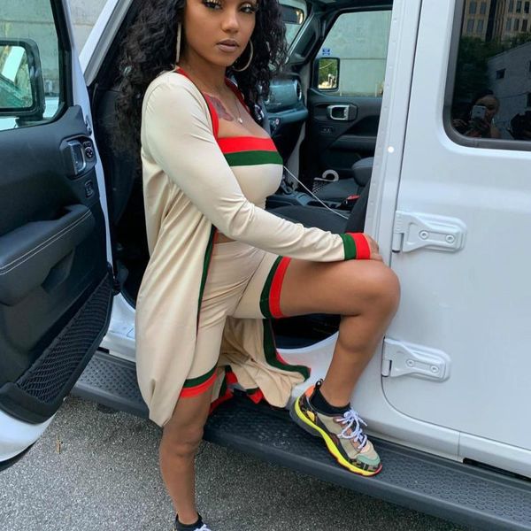 

women's tracksuits 3 piece set women fall outfits 2021 long sleeve trench coat strapless crop shorts suits striped print, Gray