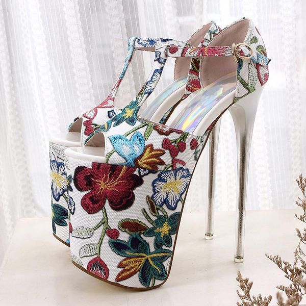 

dress shoes oulyyyogo summer women's 20cm heel height platform t-strap sandals ethnic style embroidered female pumps 34--43, Black