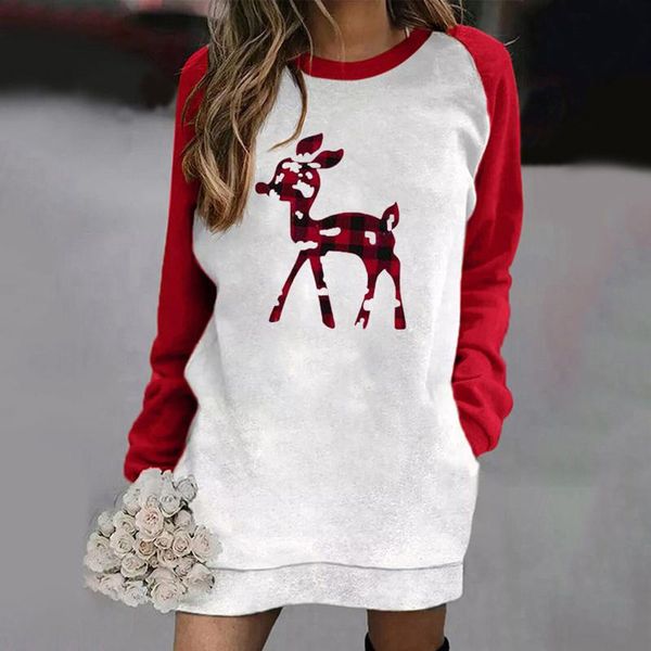 

casual dresses 40# deer printed christmas short dress woman contrast color long sleeve loose pocket flounced oversized o-neck mini, Black;gray