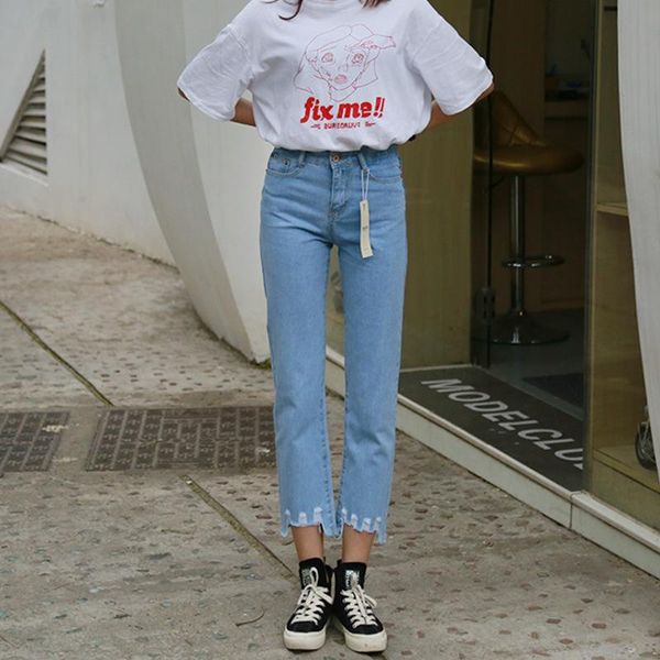 

blue ripped distressed boyfriend ankle denim jeans women casual summer autumn plain straight leg pants spring trousers women's