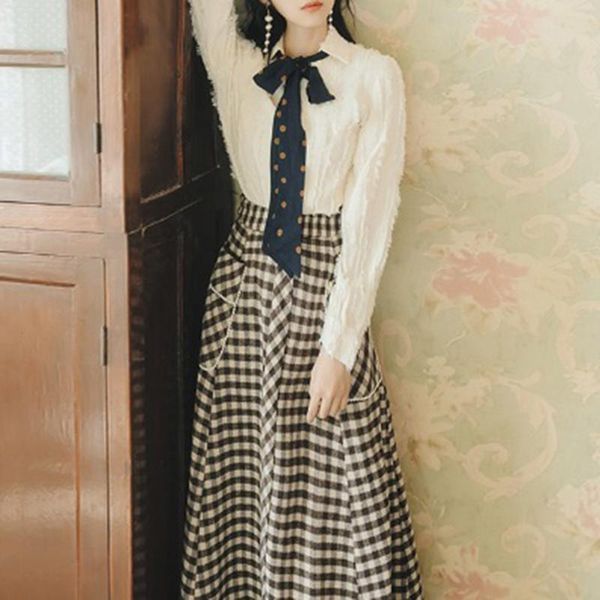 

two piece dress autumn french retro shirt plaid skirt small and winter suit female two-piece, White