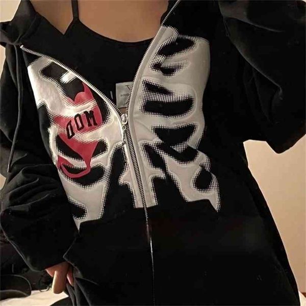

zip-up y2k harajuku anime gothic hoodies korean style loose skull print goth grunge long-sleeved hooded coat solid color retro 210922, Black;brown