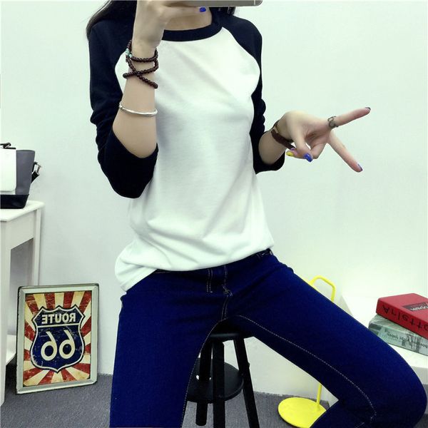 

hgfs autumn women striped splicing baseball t-shirt fashion o neck long tee female all matched sleeve t shirt, White