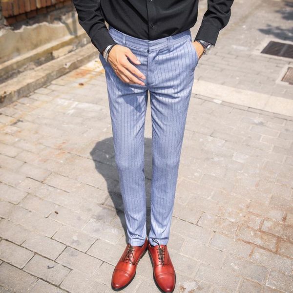 

men's pants business men brand autumn slim fit striped formal wear suit dress clothes 2021 long trousers, Black