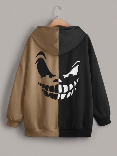

plus colorblock grimace print drop shoulder drawstring hoodie t2nu#, Black