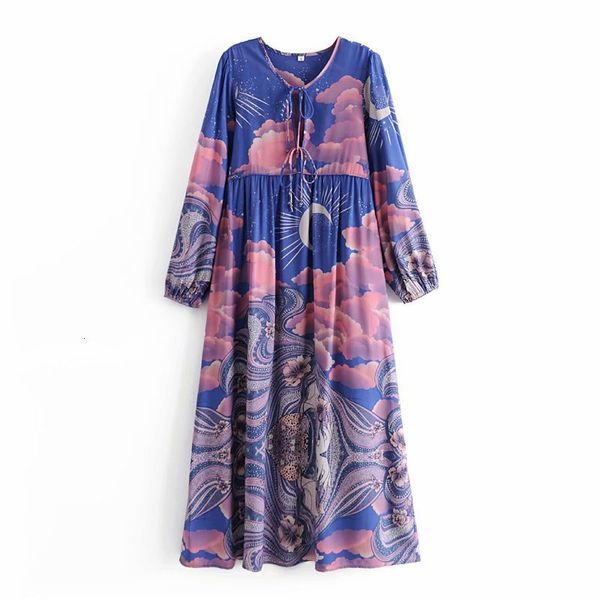 

casual dresses women floral print bohemian beach es cotton tassel neck long sleeve spring summer boho holiday maxi urtv, Black;gray
