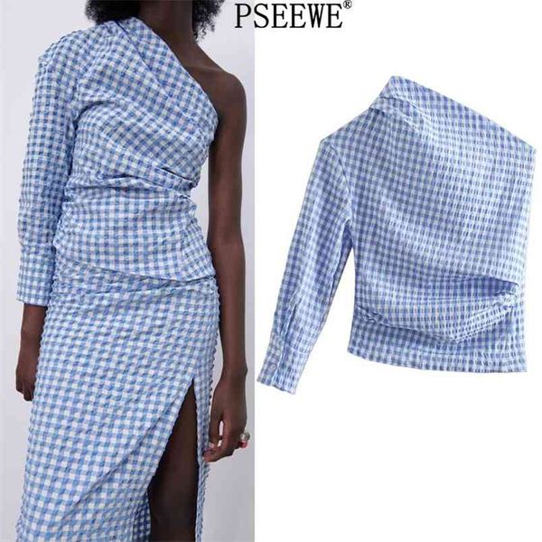 

blue plaid asymmetric women ruched long sleeve summer chic woman blouse back contrast buttons streetwear 210519, White
