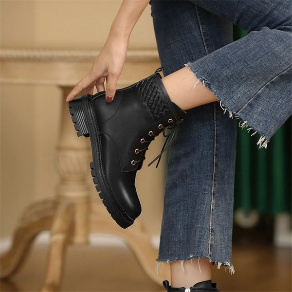 

winter women boots cow leather boots low heel lace up cowhide braided side drawing small feet motorcycle boots size 33-42 210507, Black