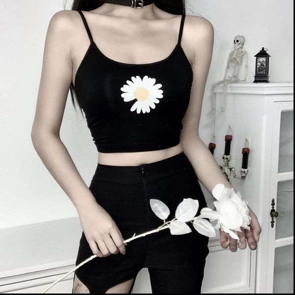 

gothblack womens tanks streetwear slim tank women daisy printing bodycon casual crop summer camisole, White