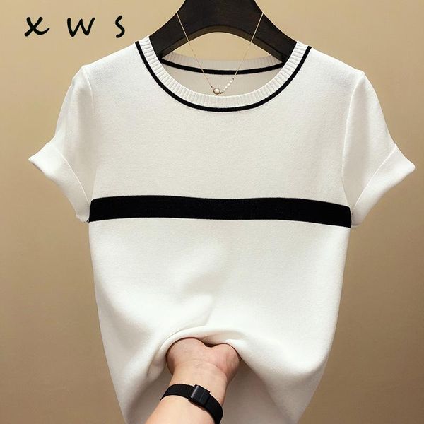

women's sweaters summer short sleeve striped pullover women sweater knitted 2021 o-neck korean pull femme jumper thin, White;black
