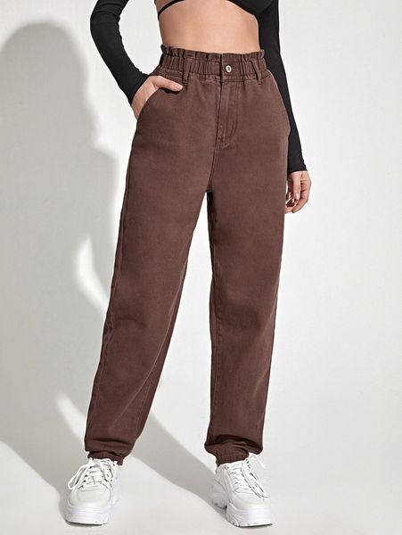 

paperbag waist mom jeans y0mr#, Blue