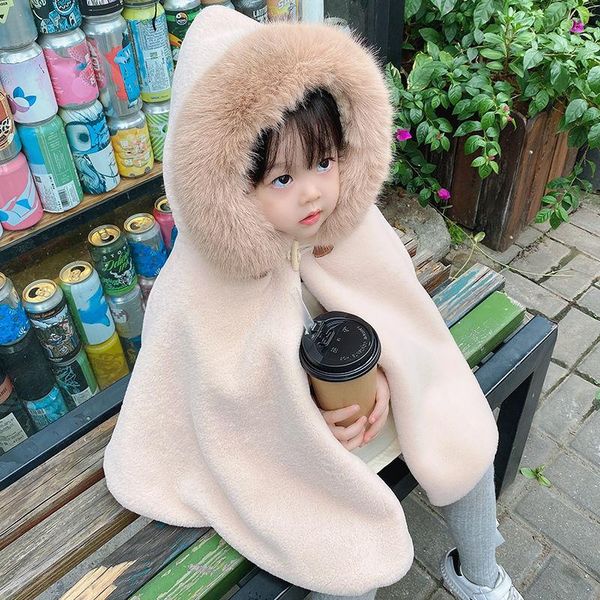 

down coat girl shawl cloak fur winter baby girls plus velvet kids jacket thick cape outwear princess coats, Blue;gray
