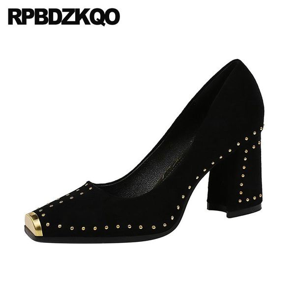 

dress shoes ladies high heels pumps slip on 3 inch metal thick chunky stud square toe 2021 rivet black block suede size 4 34