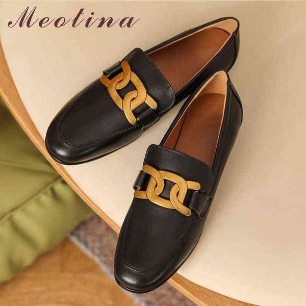 

meotina women's flat leather shoes metal decorative casual round head black 40 2 9