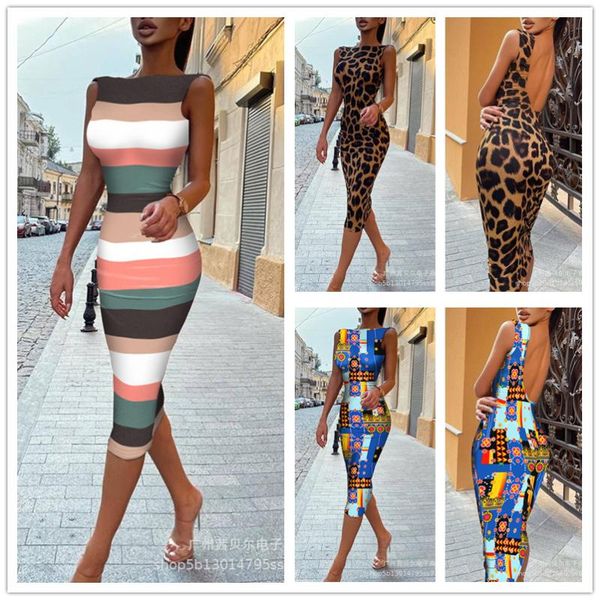 

casual dresses wepbel women's elegant leopard stripe print bodycon dress ladies fashion sleeveless o neck high waist corset party, Black;gray
