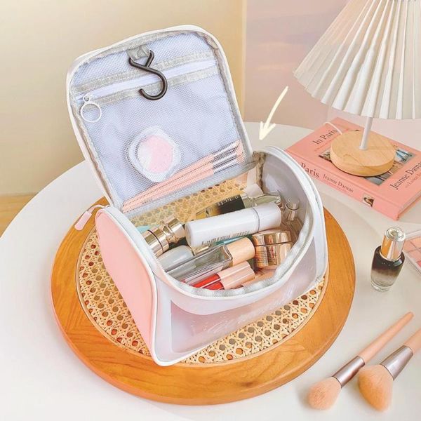 

storage bags transparent handle makeup bag women cosmetic waterproof high-capacity zippered style toiletry wash pouch for home
