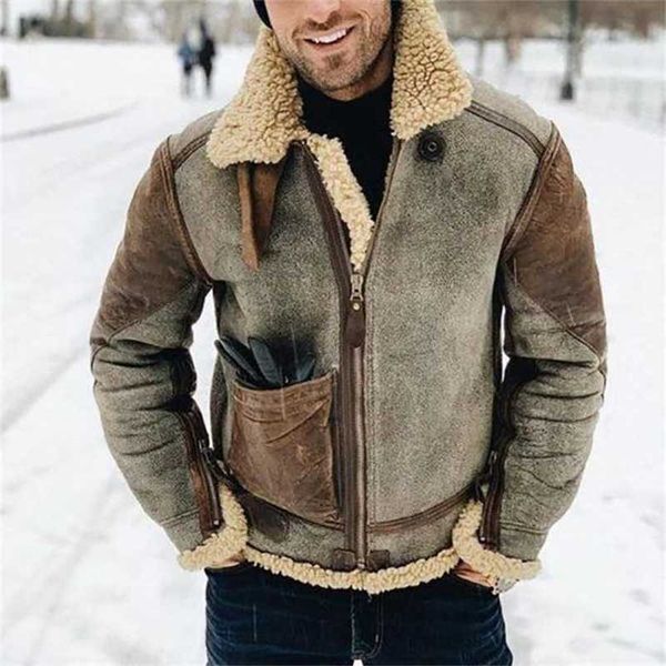 

winter warm mens fashion zip-up overcoats long sleeve faux fur jackets men vintage woolen turn-down collar coats streetwear 211217, Black;brown
