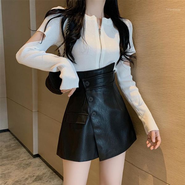 

women 2021 autumn fashion 2 piece suits female o-neck slim sweater coats ladies high waist pu leather irregular skirt sets w680 women's, Gray