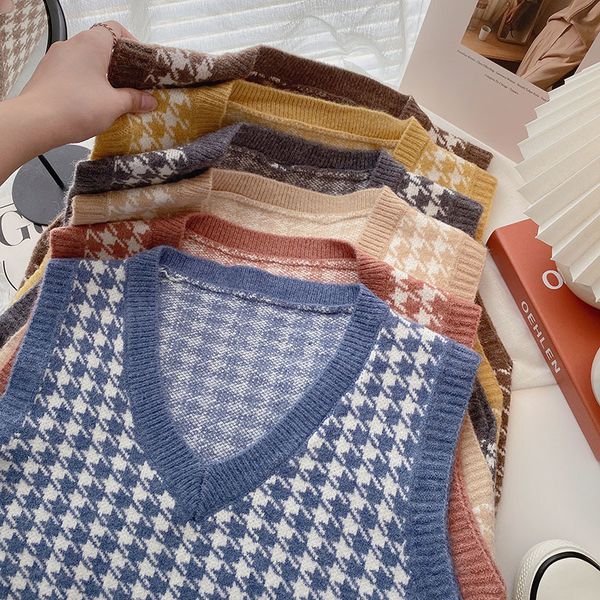 

women's sweaters fall and winter houndstooth female mesh vest released korean in the open air sweater z1gt, White;black