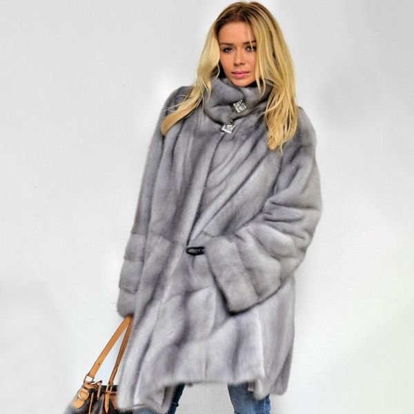 

women's fur & faux long natural mink coat stand collar women winter trendy full pelt genuine outwear real overcoats, Black