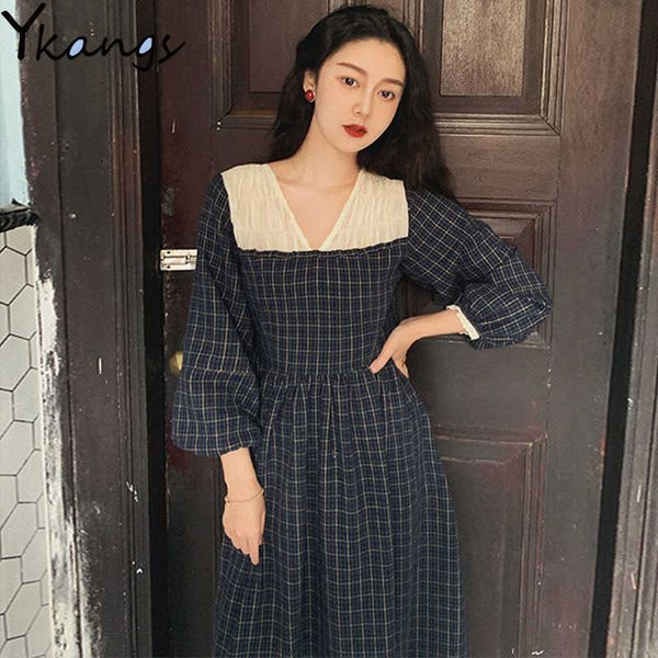 

vintage look lady plaid dresses women a line puff sleeve long dress autumn robe femme elegant vestido students streetwear 210619, Black;gray